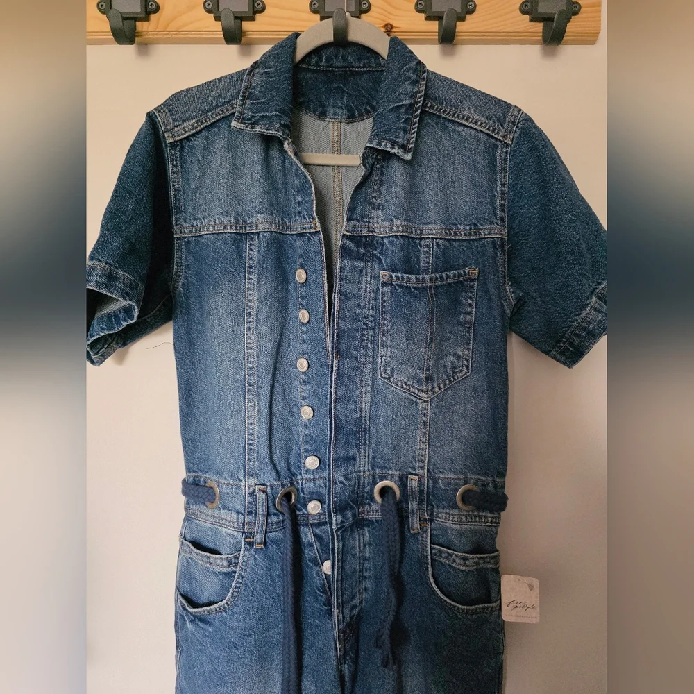 FREE PEOPLE EDISON WIDE LEG COVERALL OVERALL BLUE JEANS SIZE XS‎ - Picture 4 of 11